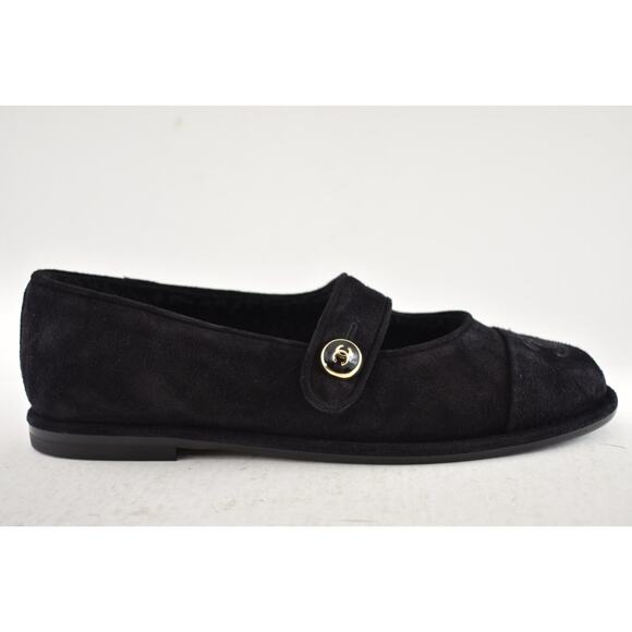 Chanel 25B Black Suede Shearling Fur Mary Jane Moccasin Ballet Loafer Flat 36.5 - Picture 2 of 16